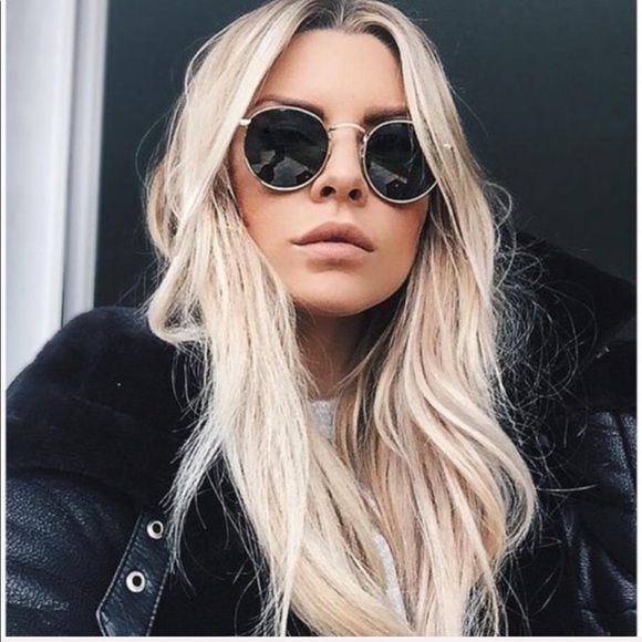 GOLD FRAME ROUND CIRCLE BLACK POLARIZED SUNGLASSES - Picture 3 of 7